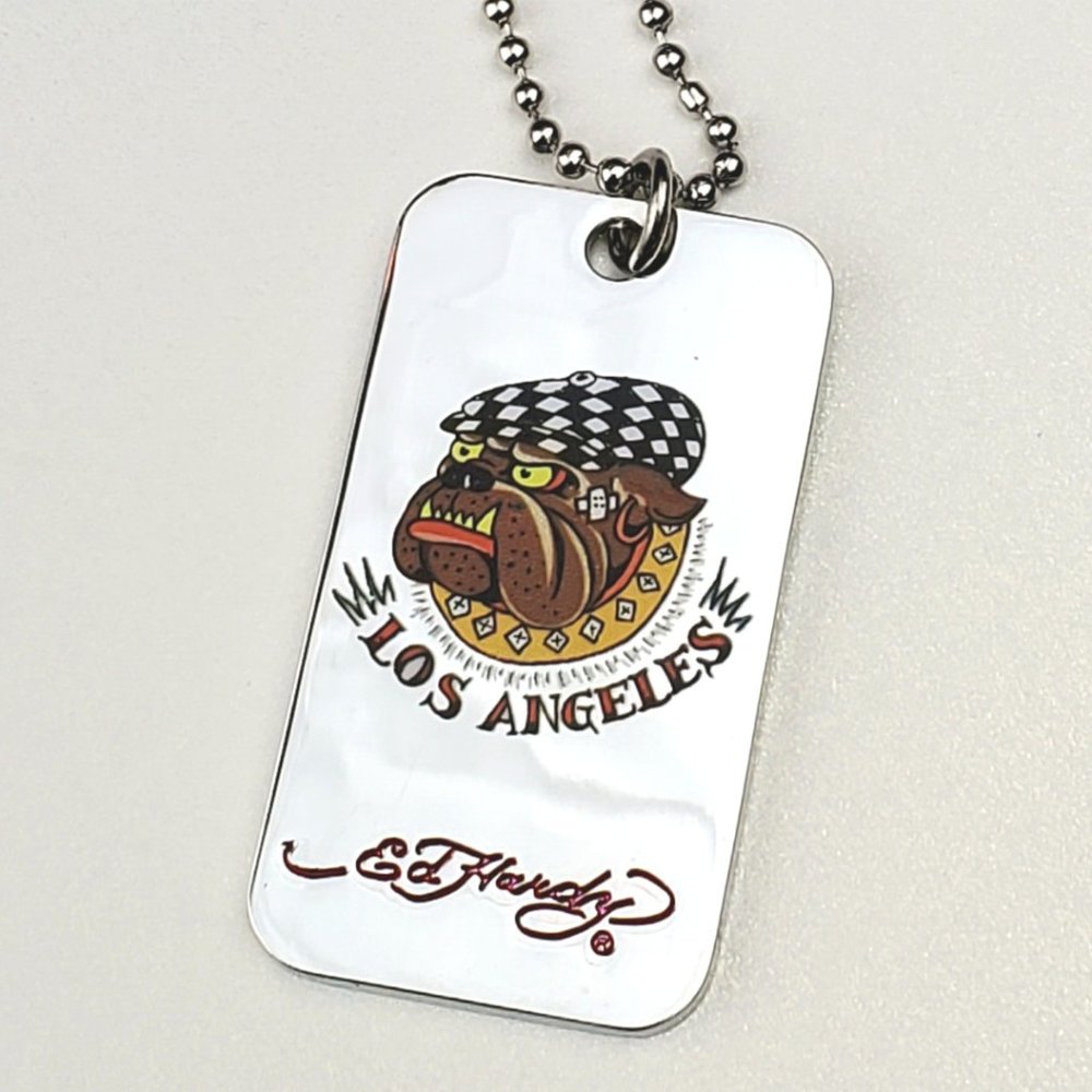 ED HARDY VINTAGE Style Necklace /Bulldog (Los Angeles) Color Print Dog